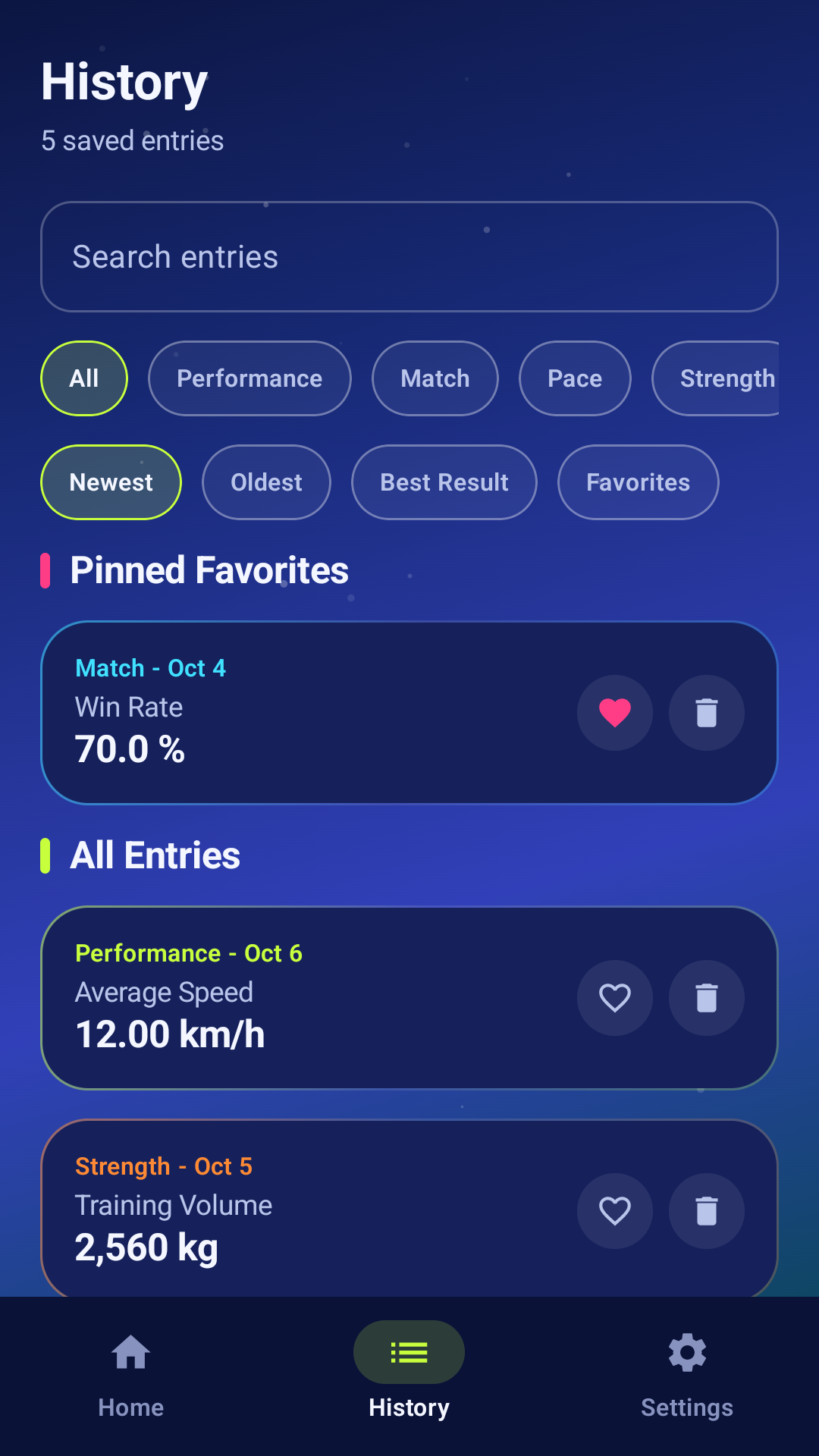 SportCalc Simplify history screen